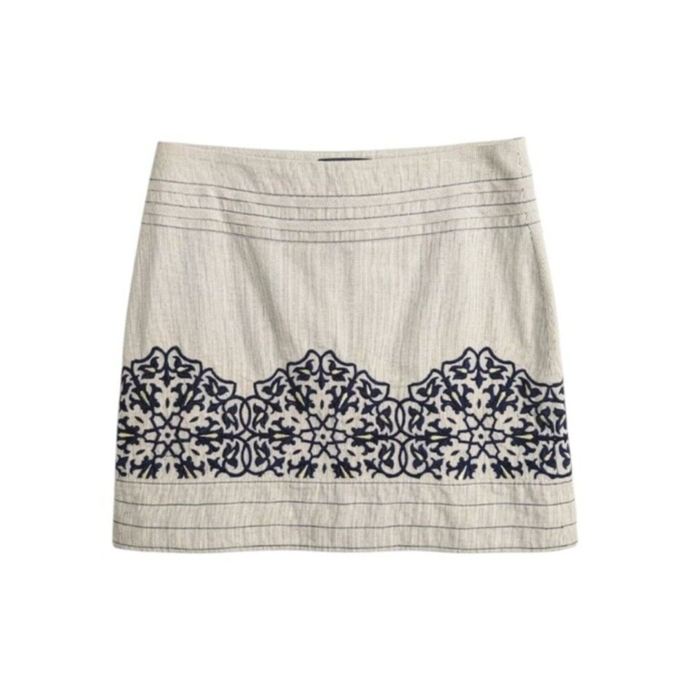Floreat by Anthropologie Linen Cotton A-Line Mini Skirt Size 8 Cream Embroidered